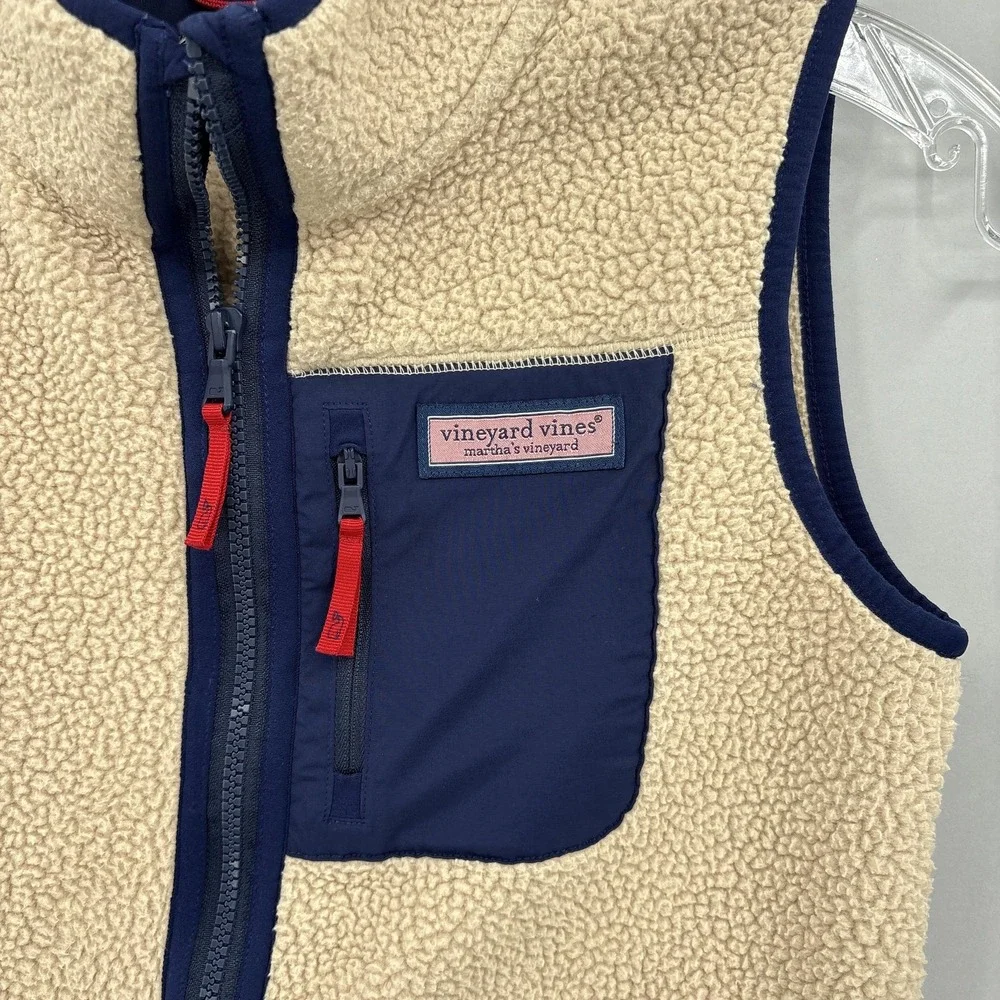 Vineyard Vines Vest Boys 12-14 M Beige Navy Sherpa Fleece Zip Pockets Oatmeal